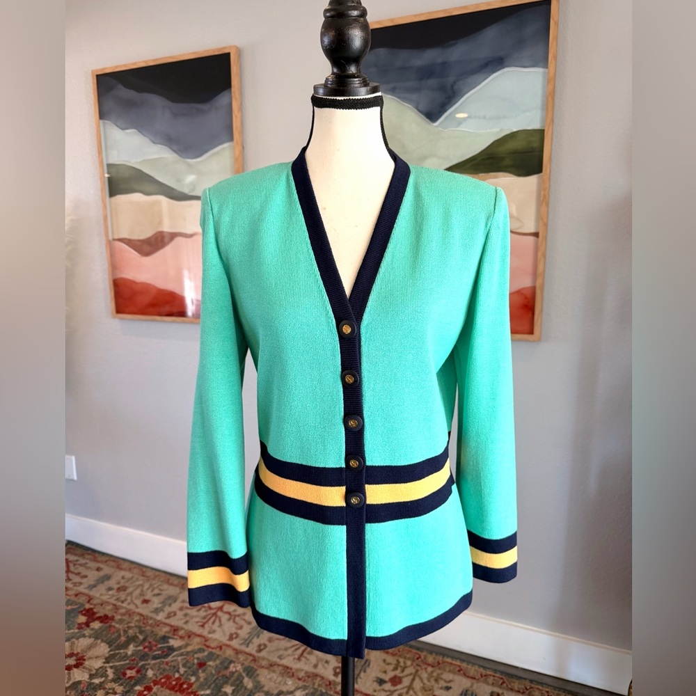 St. John Collection Mint Green Knit Blazer with Navy and Yellow Trim - Picture 5 of 7